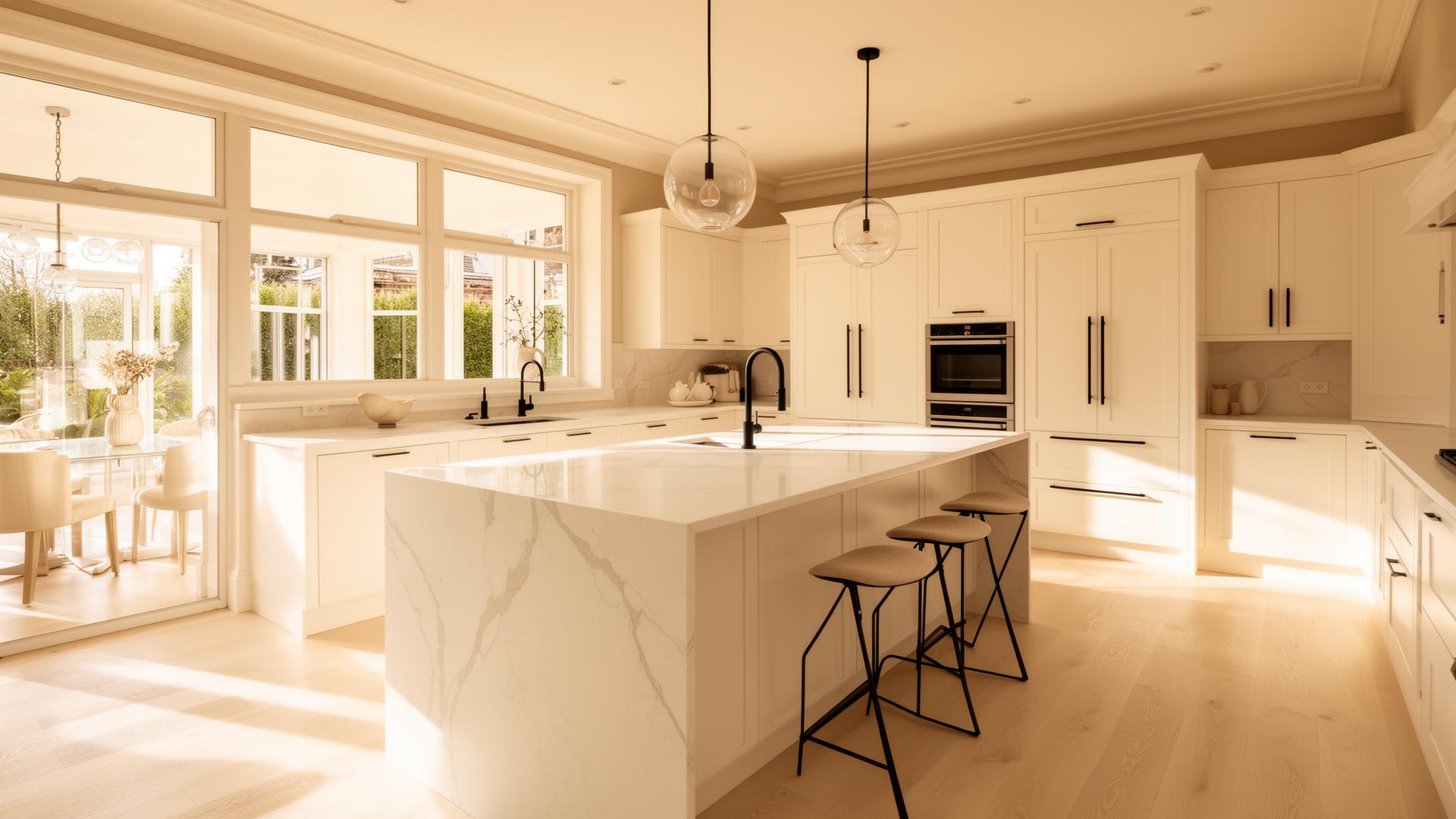 Luxury modern kitchen with waterfall island in Tampa